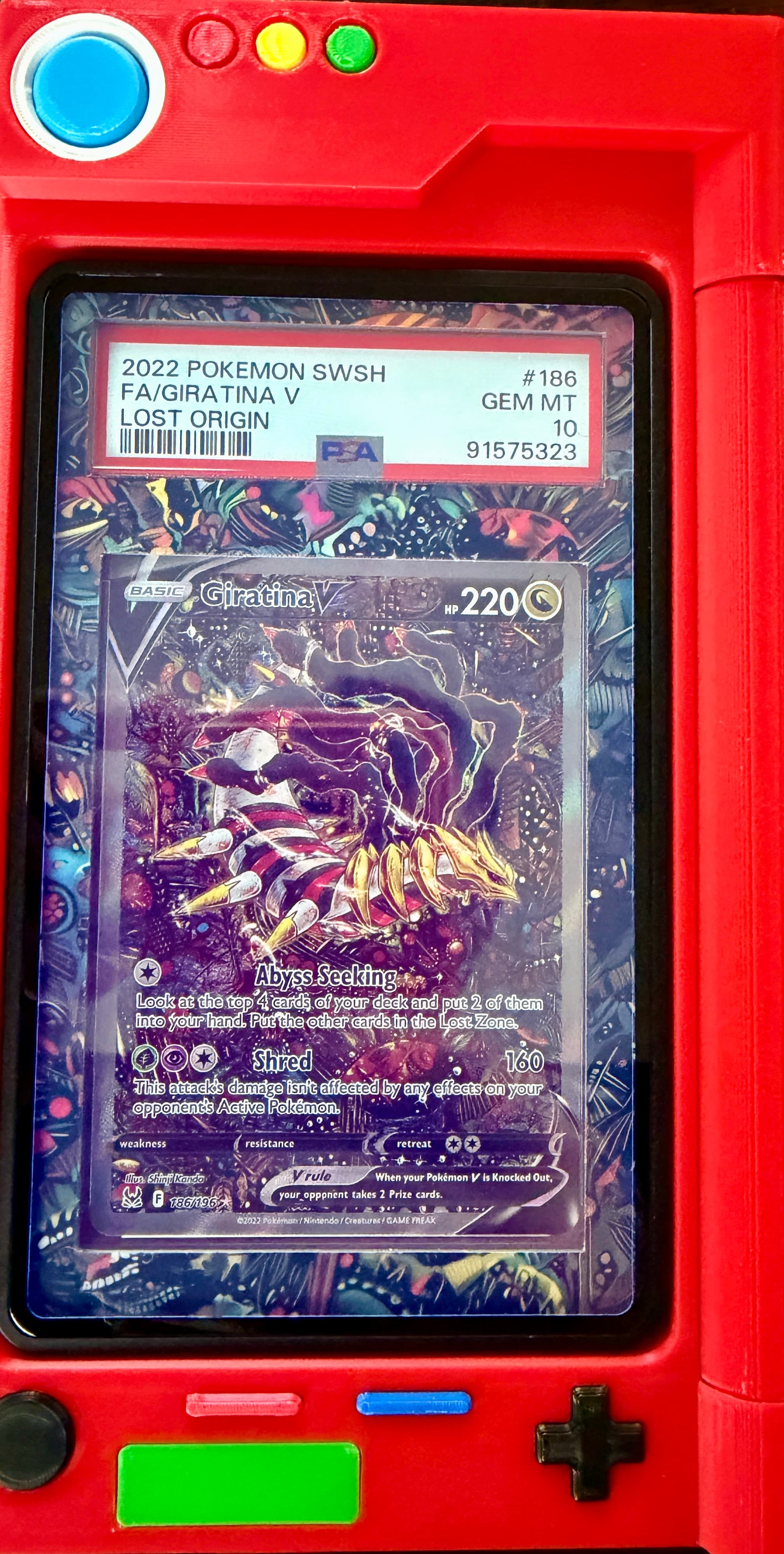 2022 Giratina V #186/196 Lost Origin Special Full Art Alternate Art graded PSA Gem Mint 10 in a custom extended-art display frame